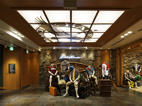 Dressed mannequins in front of the entrance of an Eddie Bauer store in Japan
